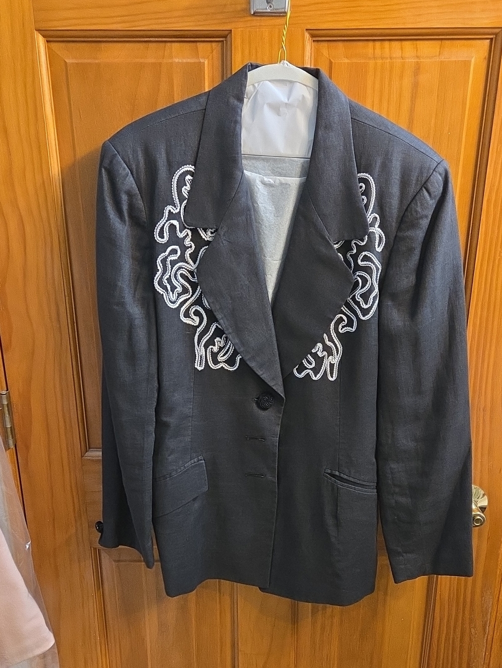 Black Linen Blazer with White Embroidered Neck Detail